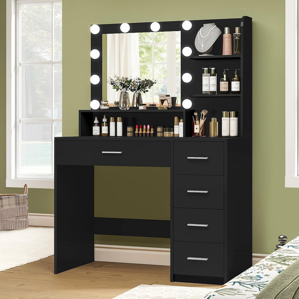 Quimoo Makeup Vanity Desk with Mirror & Lights, Vanity Desk with 5 Drawers & Storage Shelves, Vanity Table, 3 Color Modes & Adjustable Brightness Dressing Table, Bedroom, Black