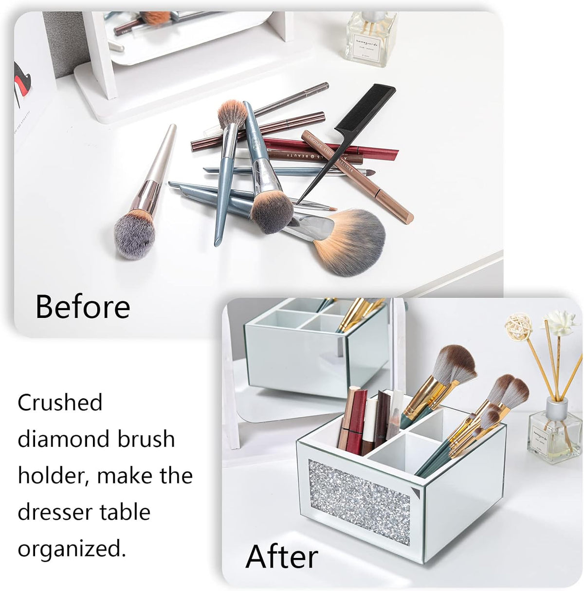 SWTHONY 360 Rotating Makeup Brush Holder Organizer, Silver Bling 4 Slot Crushed Diamond Glass Mirrored Cosmetic Brushes Storage, Eyeliners Eyebrow Pencil Display Case