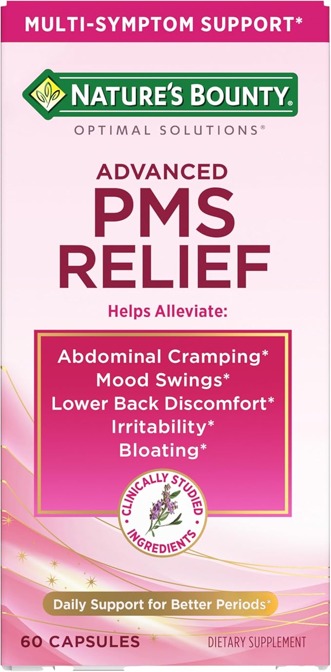Nature's Bounty Optimal Solutions Advanced PMS Relief for Menstrual Cycle Support; Period Relief; PMS Support Supplement for Women – Chasteberry; Hormone-Free; 60 Capsules