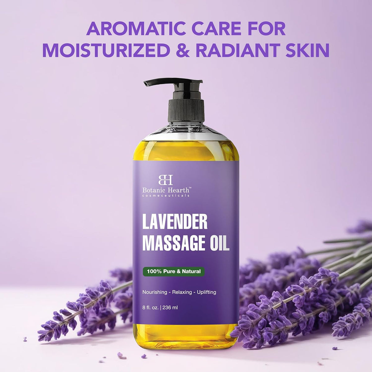 Lavender Massage Oil with Pure Lavender Oil (8 Fl Oz) Skin Tightening Massage Oil for Massage Therapy and Instant Absorption for Bum Thighs and Belly by Botanic Hearth