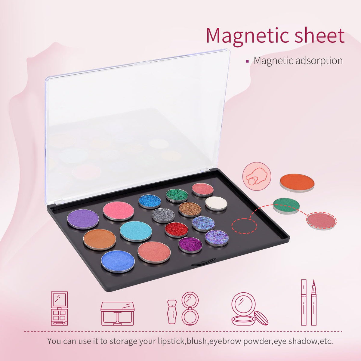 Magnetic Makeup Palette with Clear Top, Empty Eyeshadow Pan Dispensing Storage Box with 40Pcs Adhesive Metal Stickers for DIY Cosmetics Blush Powder(XL Large - 9.25"x6.57")