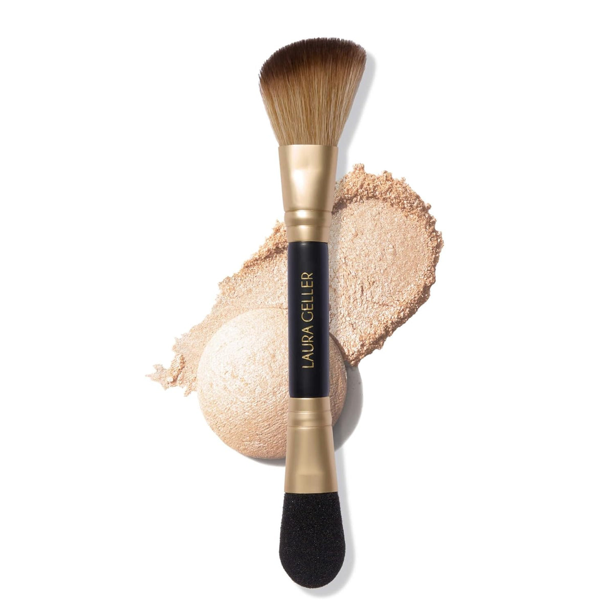 LAURA GELLER NEW YORK Dual-Ended Highlighter Brush - Multipurpose Makeup Brush for Highlighter, Blush, Bronzer and More - Includes Dual-Fiber Vegan Bristles and Satin Paddle for Flawless Application