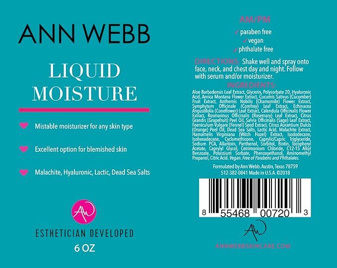 Liquid Moisture Mist - Face Mist Hydrating Spray Rejuvenates, Refreshes, Soothes & Invigorates Skin Non-Greasy Lightweight for extra hydration. Light, fresh, orange/mint scent 6 oz
