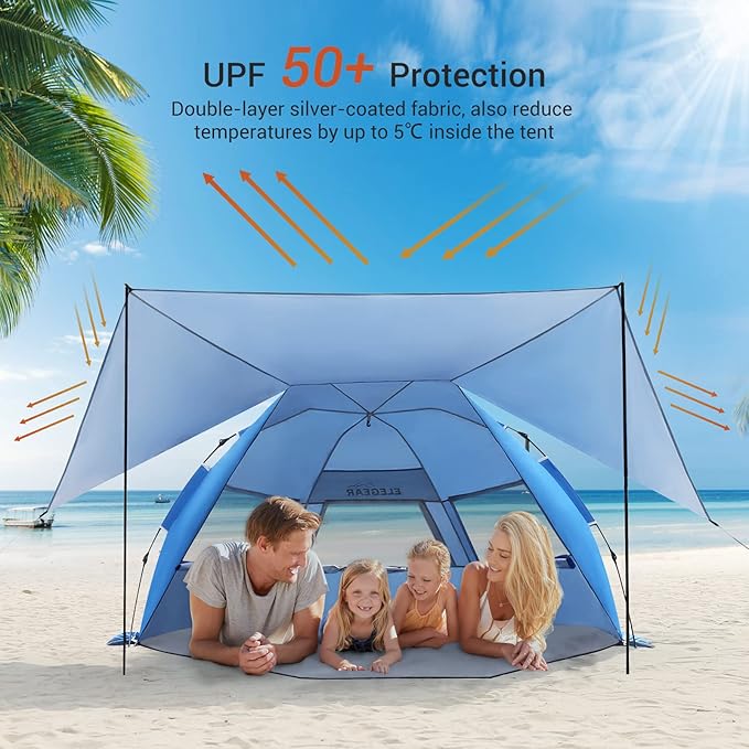 Elegear Beach Tent With 360 Removable Canopy, 4-6 Person Pop Up Sun Shade Shelter, UPF 50+ Automated Installation Double Silver Coating Portable Lightweight Cabana