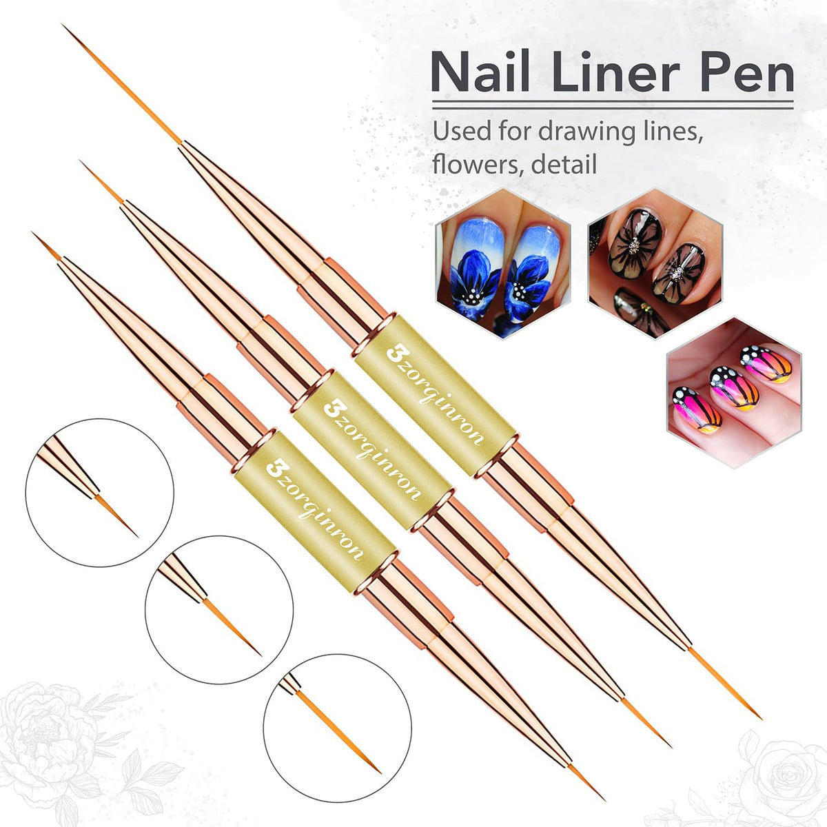 Nail Art Brushes for Nail Art, Professional 5Pcs Double-Ended Acrylic Nail Brush Set for Details, Long Lines, Ombre & 3D Design-Perfect for DIY Manicures & Salons (Gold)