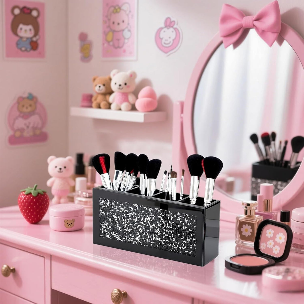 SHYFOY Black Makeup Brush Holder, 4-Compartment Makeup Organizer with Crushed Diamond Crystals, Vanity Cosmetics Organizer Solution, Pencil Holder Organizer for Desk
