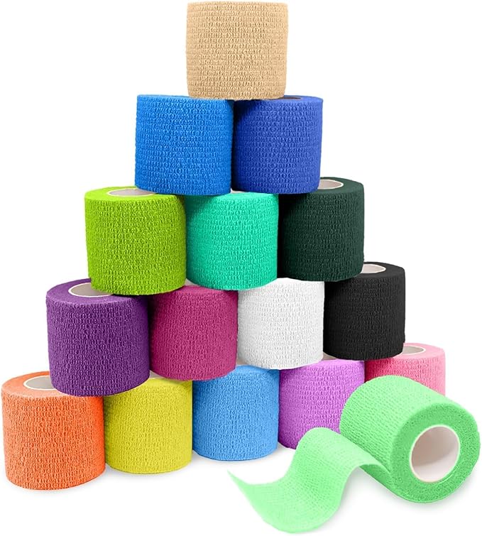 FriCARE Self Adhesive Bandage Wrap, Medical Tape in First Aid Kit, Cohesive Bandages for Wounds Sport Vet, FSA/HSA Eligible, 2 Inches X 5 Yards 16 Rolls, Glowing