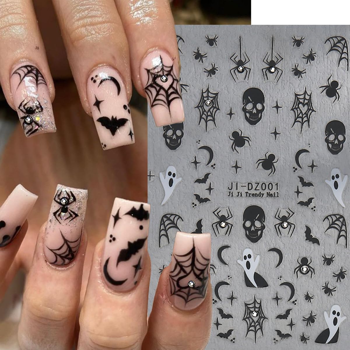 Halloween Nail Stickers Bat Nail Art Stickers Spider Web Nail Decals Gold Star Spider with Rhinestone Design Ghost Nail Sticker for Nail Art Decor Manicure Accessories for Women 6Sheets