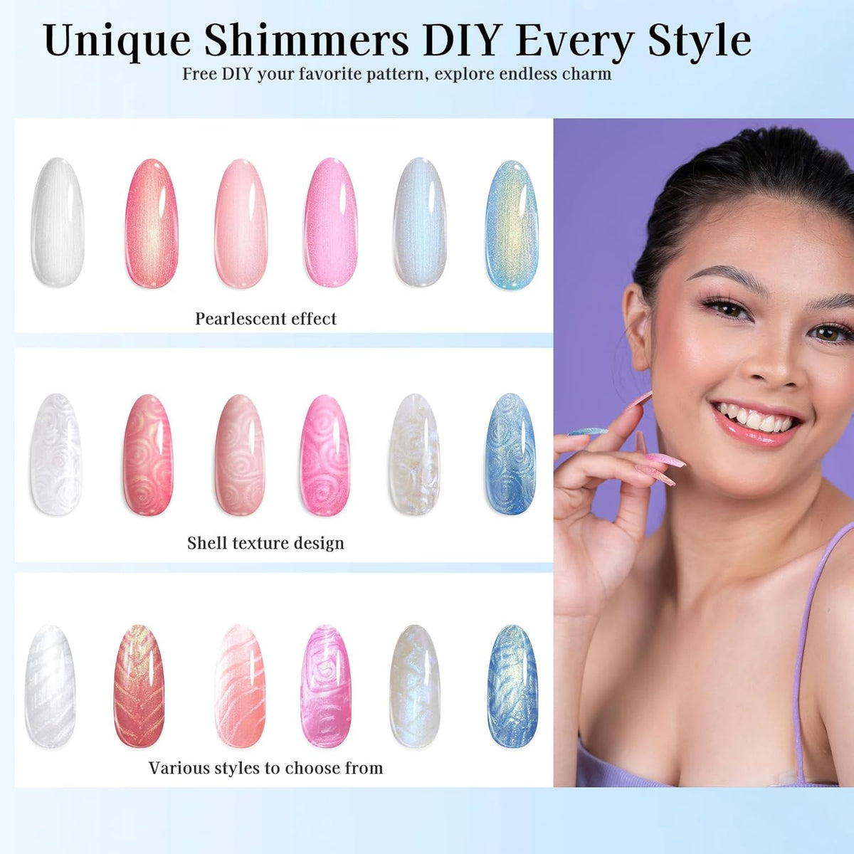 Mermaid Gel Nail Polish Set: 6 Colors - Pastel Pink, White, Orange, Blue, Pearl Gel with Swirl Shell Design - Uv Led Summer Nail Gel Polish DIY Swirl Shell Thread Effect for Girls