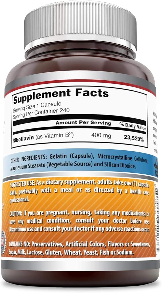 Amazing Formulas Riboflavin Dietary Supplement - 400 Milligrams - Promotes Healthier Blood - Helps Maintain Nervous System. (240 Capsules) (Non Gmo-Gluten Free)