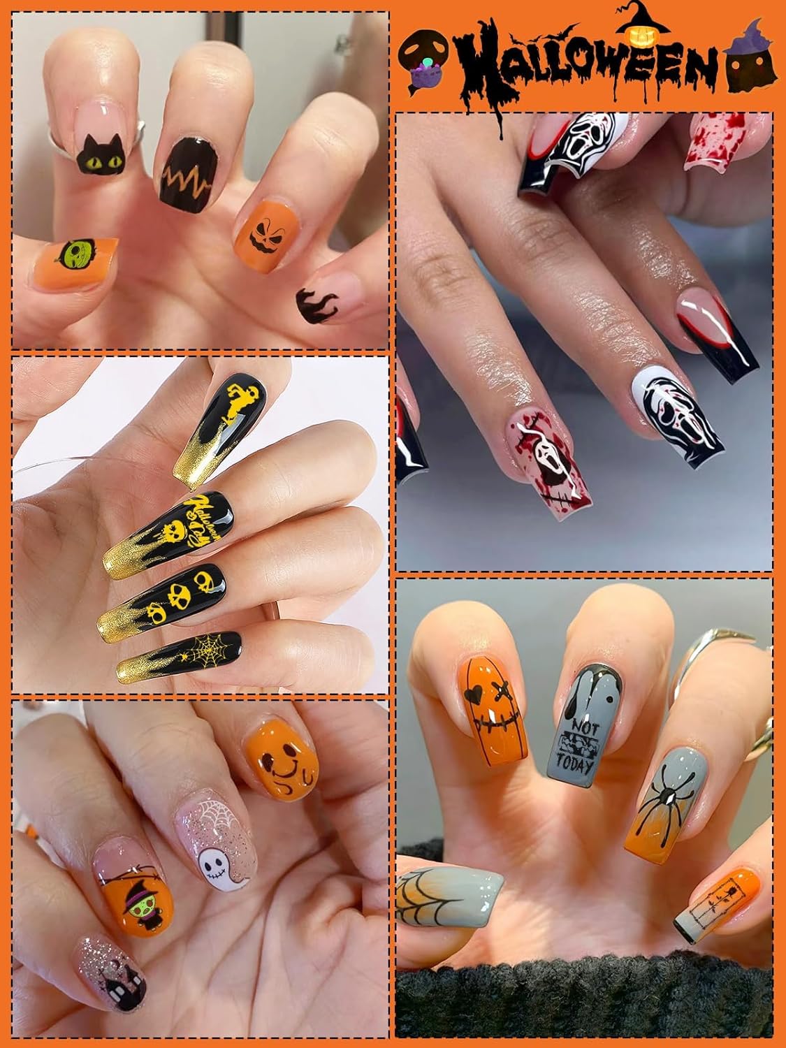 Halloween Nail Art Stickers Decals, Kalolary Self-Adhesive DIY Nail Sticker Decals 3D Design Nail Decorations for Halloween Party Include Pumpkin/Bat/Ghost/Witch(12 Sheets)