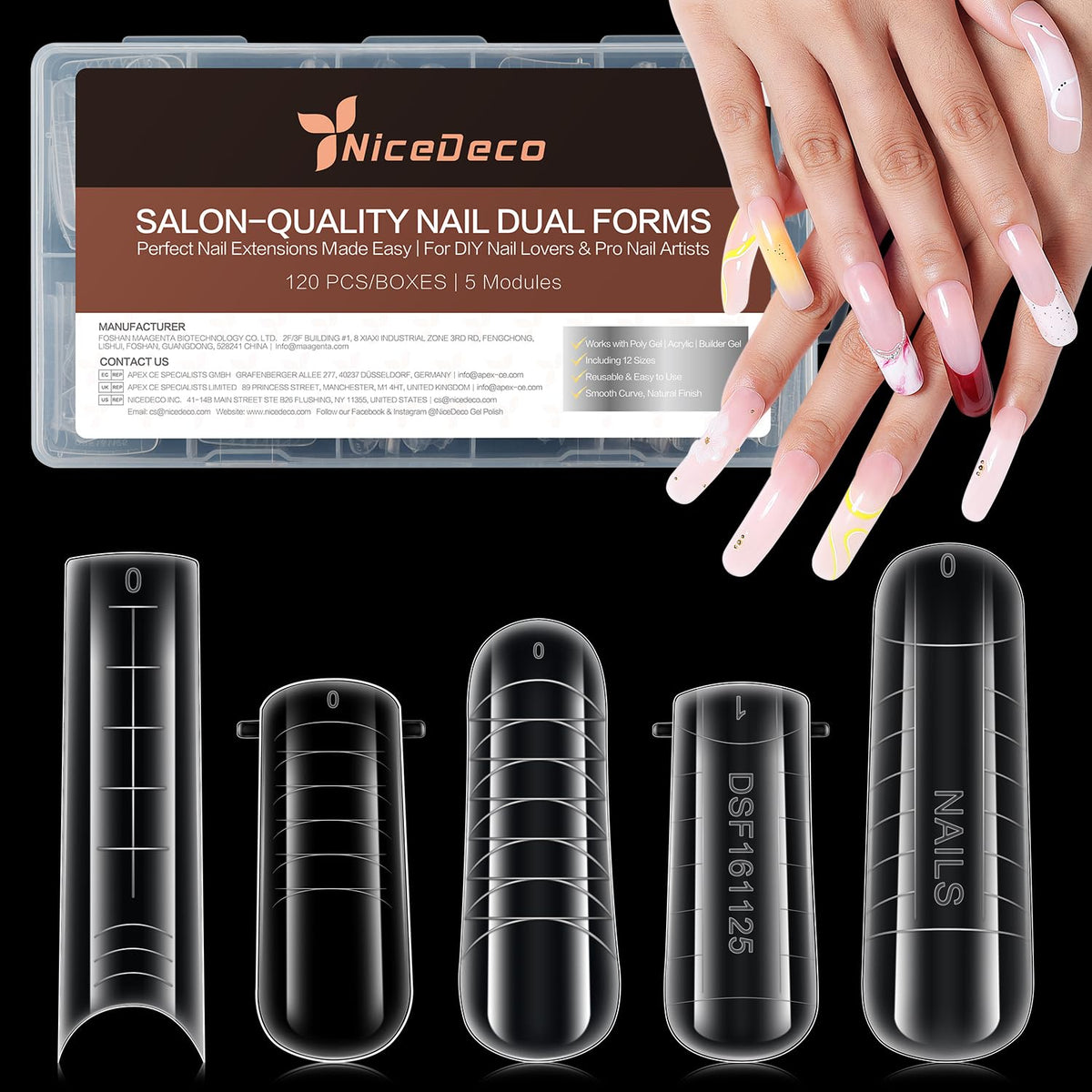 Poly Extension Gel Dual Nail Forms, 120pcs Nail Molds for Builder Extension, 5 Style 12 Size Dual Forms for Gel Nail Tips Nail Art Design Salon DIY Kit 2