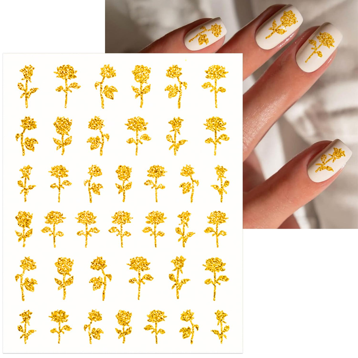 SILPECWEE 8 Sheets Gold Glitter Nail Art Stickers Decals for Women Kids French Nail Stickers French Tip Stripe Flame Flower Butterfly for Nails Design 3D Self-Adhesive Manicure Decoration