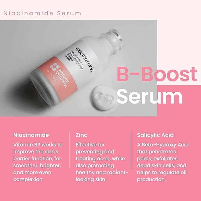 Niacinamide Serum for Face by Natural Outcome Skin Care, B-Boost Niacinamide 10% Plus Zinc 2% Salicylic Acid + Hyaluronic Acid, Acne Treatment + Pore Reducing Serum + Skin Balancing