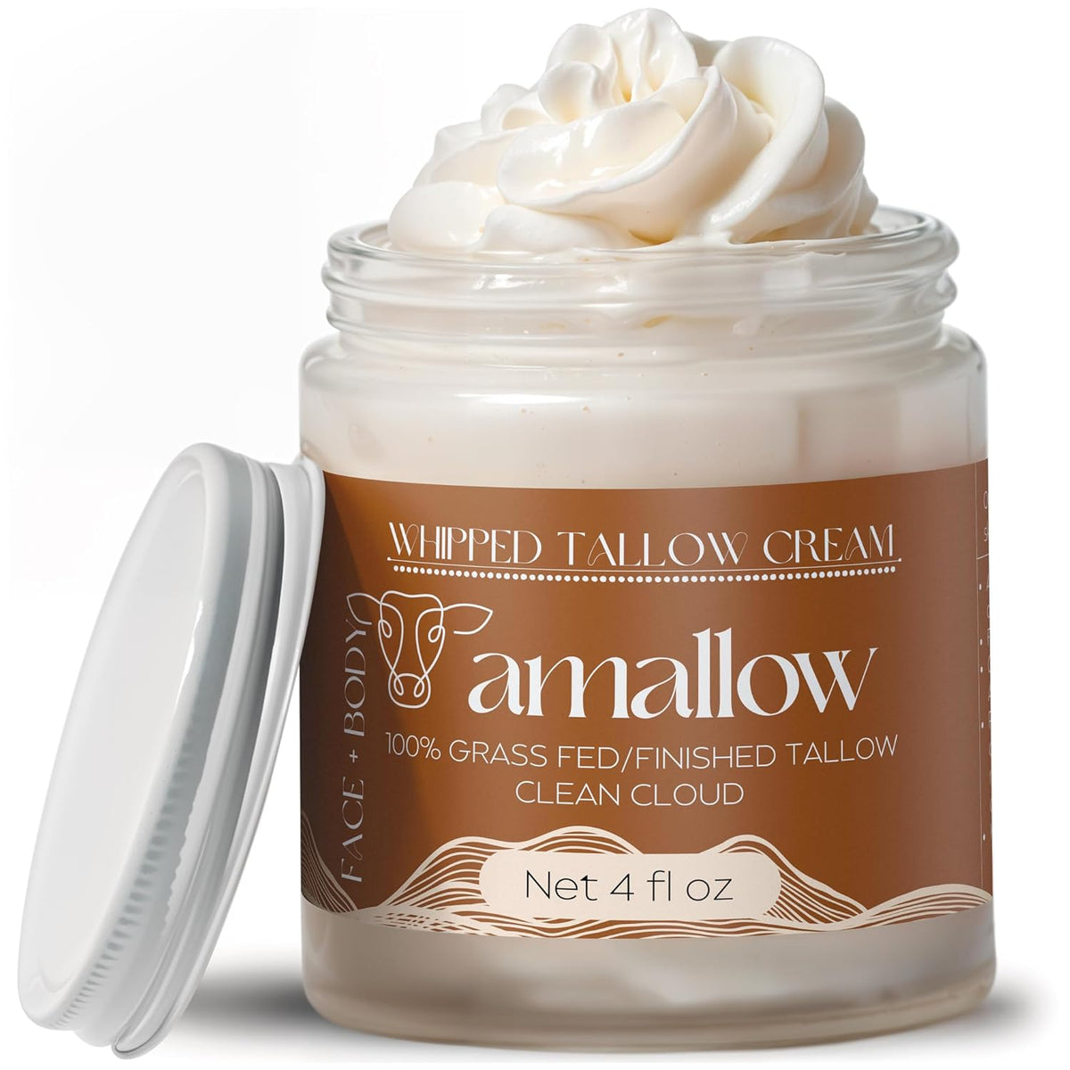 Amallow 100% Grass Fed Beef Tallow for Skin Care - Face + Body - Whipped Moisturizer - Natural Lotion, 4 FL. oz. (Clean Cloud)