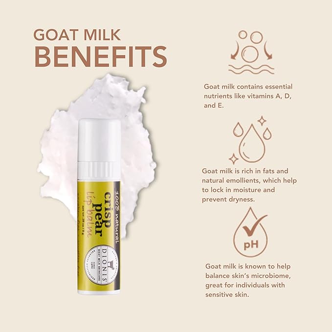 Dionis Goat Milk Skincare Scented Lip Balm, Beeswax, Shea Butter & Coconut Oil Self Care Made in The USA, Cruelty Free, Paraben Free Hydrating Moisturizer for Chapped Lips, Crisp Pear, 0.28oz, 6pk