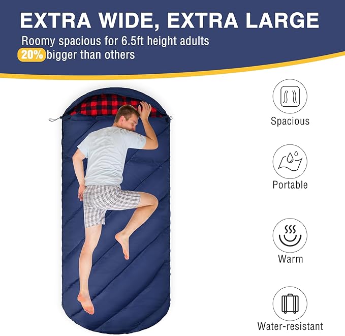 REDCAMP Flannel Sleeping Bag for Adults, Comfortable Cotton Sleeping Bags for Camping with Detachable Hood, Red/Grey/Blue