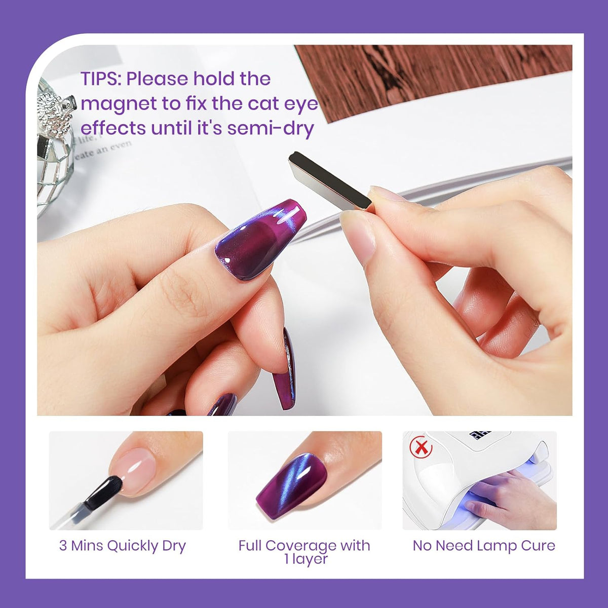 Purple Quick Dry Magnetic Nail Polish Non Gel Cat Eye Nail Polish for Fingernail Air Drying Fast Lacquer Manicure Gift For Women Girls 16ml, 0.54fl oz