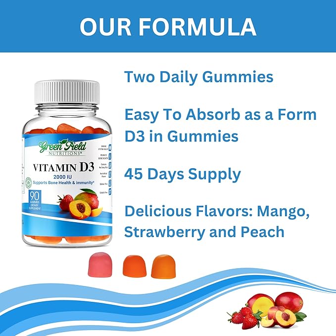 Greenfield Nutritions Halal Vitamin D3 Gummies for Adults - 2000 IU (50 mcg), 90 Gummy Halal Vitamins - Non-GMO Gluten Gelatin Free Vegetarian Halal Vitamin D - Supports Bone Heart & Immune Health