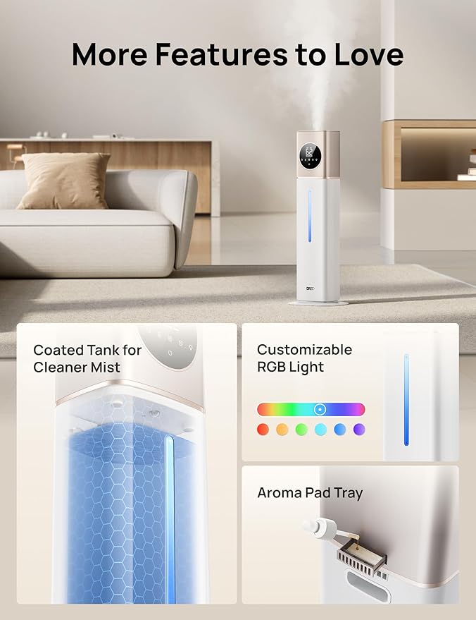 Dreo 11L Smart Humidifier Large Room 700 ft², 100H Cool Mist Air Humidifiers for Bedroom, Top-Fill Self-Cleaning Tank, 26dB, Auto Mode, Aroma Box, RGB Light, Remote & APP Control, Baby, Starlight
