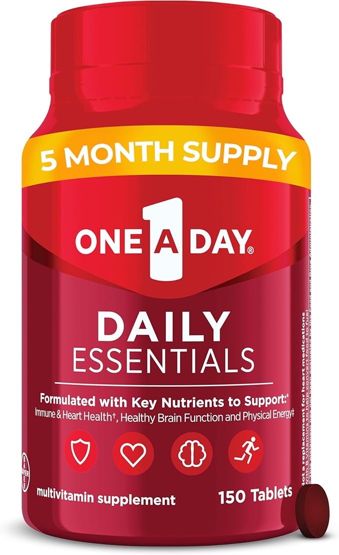 One A Day Daily Essentials, Multivitamin for Women & Men, Supports Healthy Brain and Muscle Function and Immune Health, Adult Multivitamin with Vitamin D, E and Vitamin B12, 150 Count
