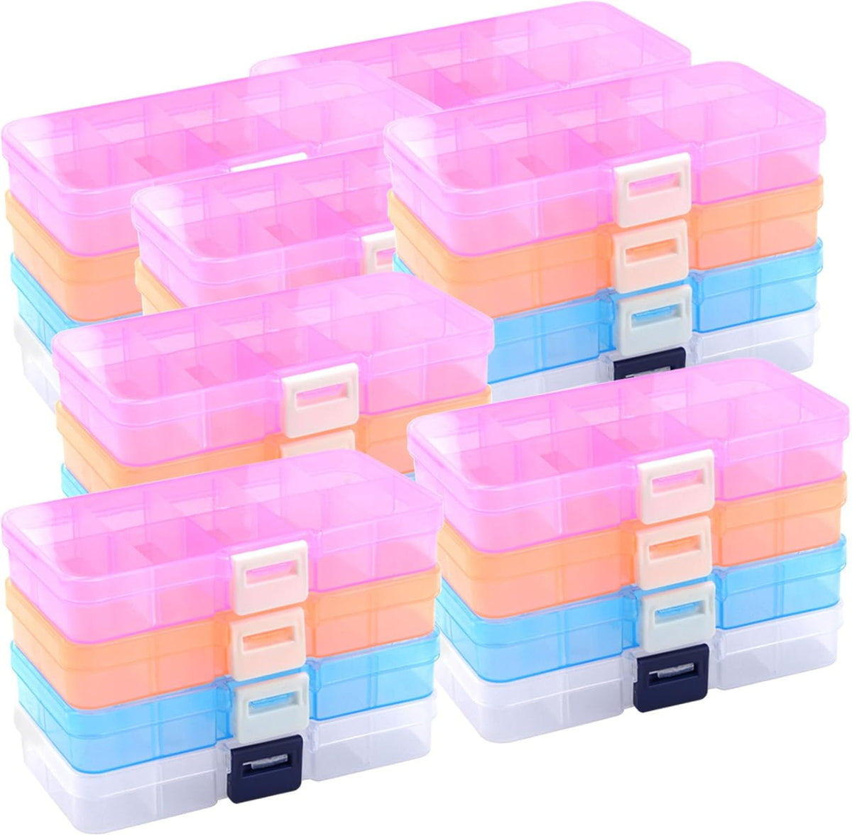 KINJOEK 32 Pack 10 Grids Plastic Bead Organizer Containers Storage, Adjustable Dividers Diamond Jewelry Craft Painting Storage Case, Colors Small Fishing Tackle Box for Sewing Cross Stitch Accessories