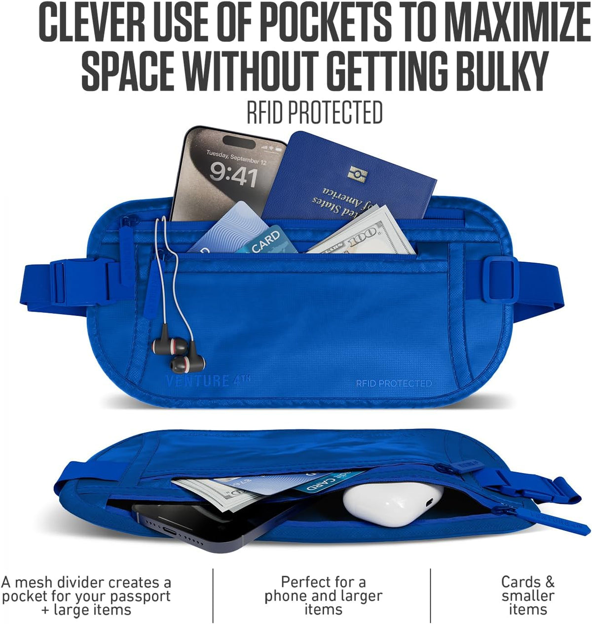 Travel Money Belt, RFID Blocking for Men & Women - Ideal for Keeping Your Cash, Credit Card, Passport, Phone Safe When Traveling (Sleek Blue)