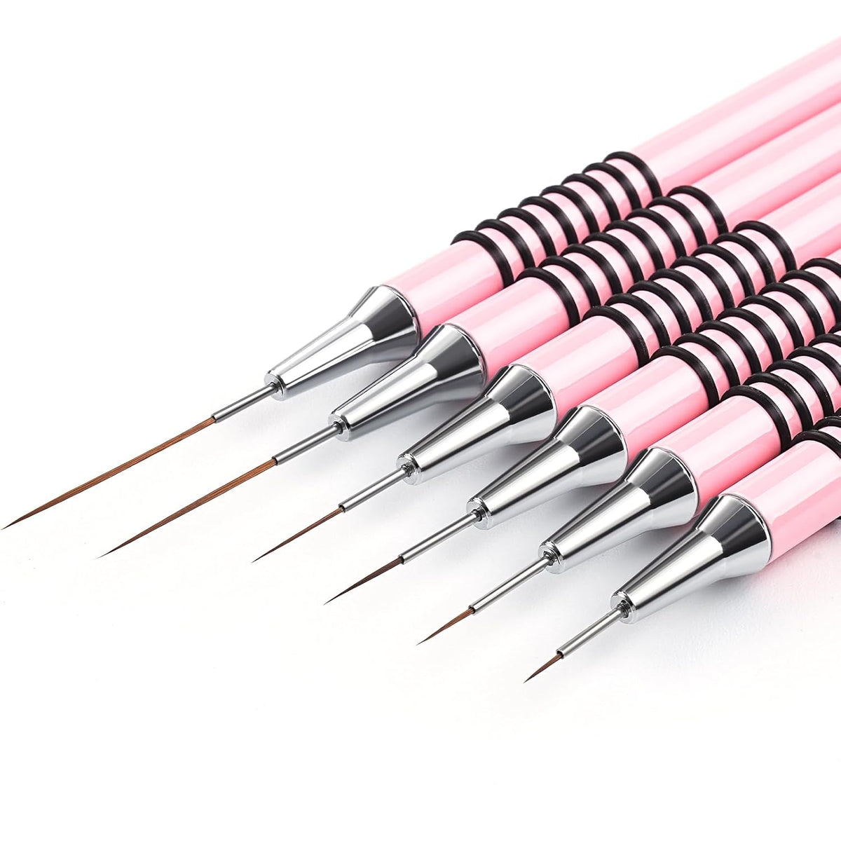 Nail Art Liner Brushes Set, 6Pcs Nail Art Design Brush Striping Thin Long Lines Dotting Drawing Pen, UV Gel Polish Painting Metal Handle Striper Brushes Size 5/7/9/11/20/25mm Pink