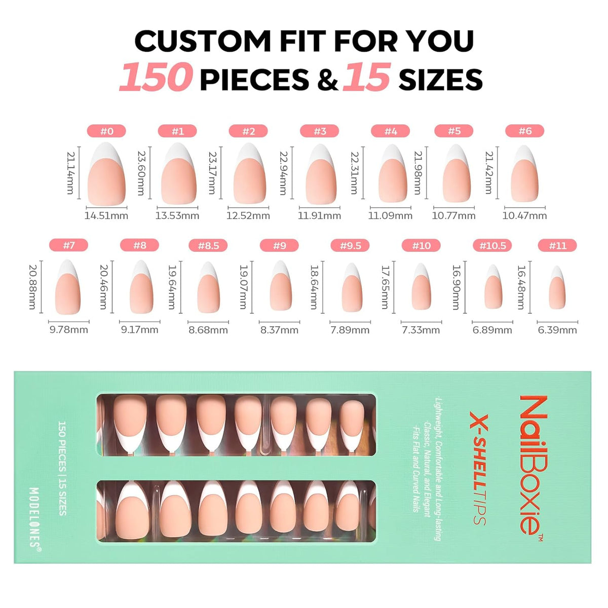 modelones French Tip Press on Nails, 150Pcs M-Almond Fake Nails with Nail Box, Deep Nude Gel Nail Tips for Women, Soft Glue-On Nails for Natural Salon Look, DIY Nail Art Kit (15 Sizes)