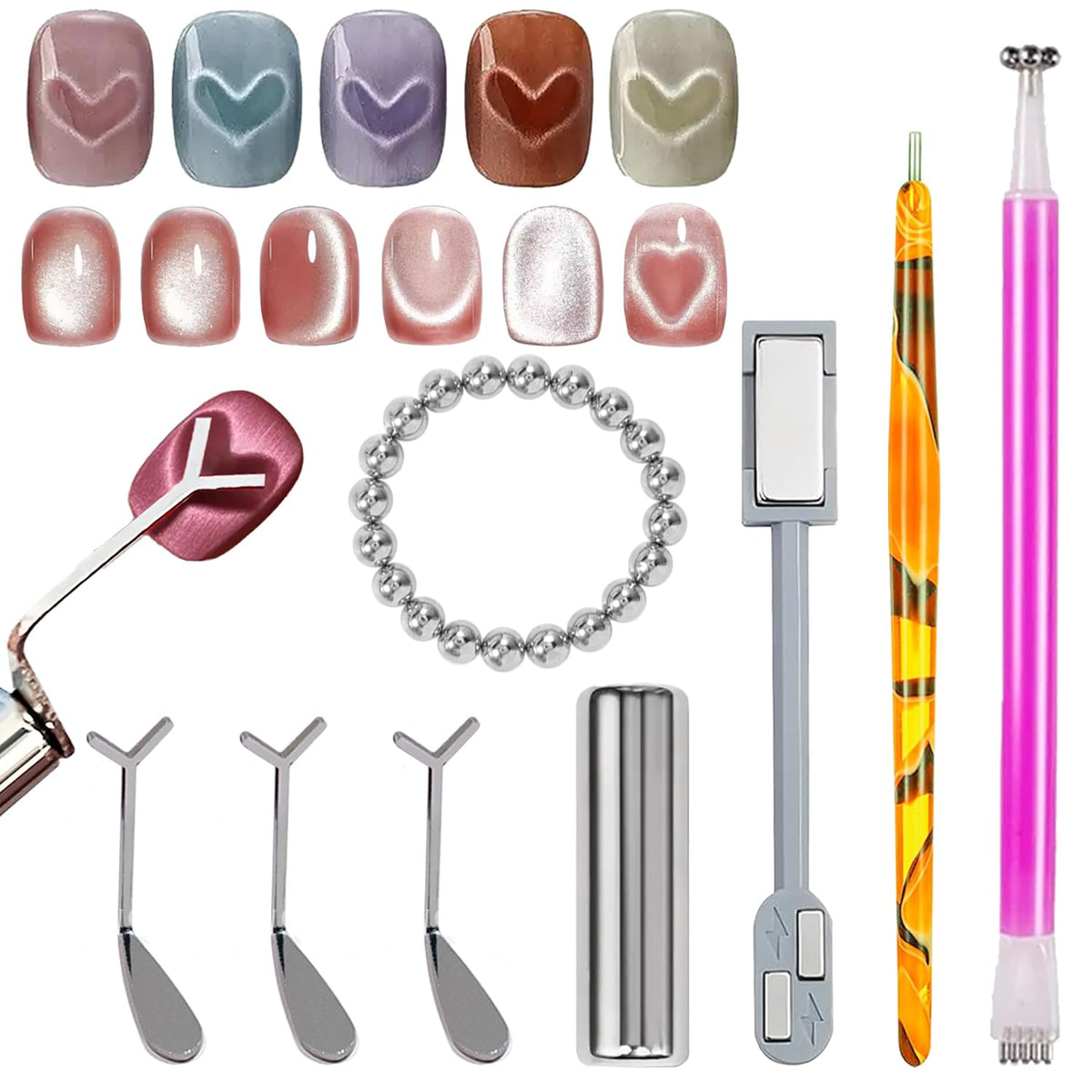 24 Pcs Cat Eye Magnet for Nails + 3 Y-Shaped Metal Brackets for Heart Cat Eye Effect Cylindrical Nail Magnet Magnetic Beads Magnet Double Ended Flower Magnet Stick for Cat Eye Nail Polish
