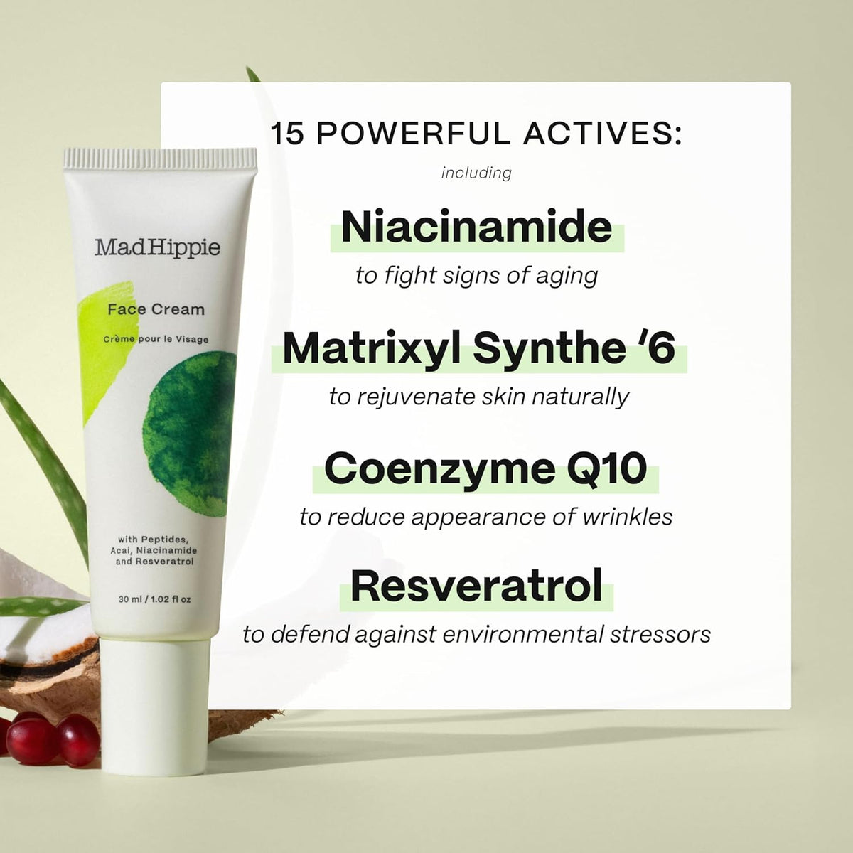 Mad Hippie Face Cream – Age-Defying Face Moisturizer & Skin Tightening Cream with Niacinamide, Advanced Peptides & Argan Oil 1.02 Oz