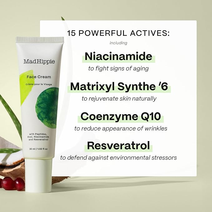 Mad Hippie Face Cream – Age-Defying Face Moisturizer & Skin Tightening Cream with Niacinamide, Advanced Peptides & Argan Oil (1.02 Oz)
