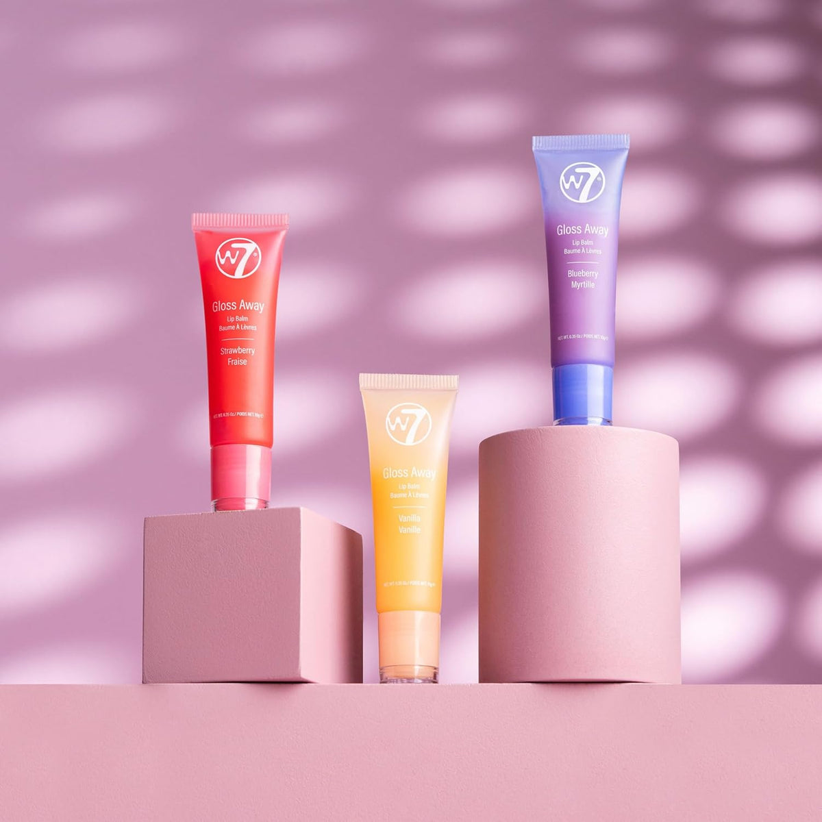 W7 Gloss Away Lip Balm Trio - 3 Piece Set - Nourishing Lips Balms With Shea Butter - Blueberry, Vanilla, Strawberry