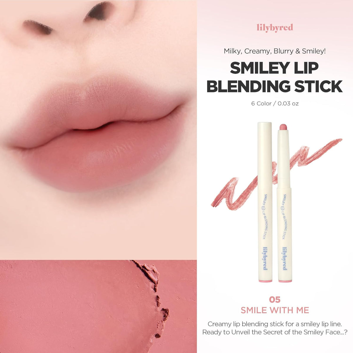 lilybyred Smiley Lip Blending Stick | Korean 3-in-1 Multi-Use Lip Liner, Smooth Creamy Texture, Long-Lasting Matte Finish, Soft Blur Effect, Precision Contour Pencil, 0.028 oz. (05 Smile with Me)