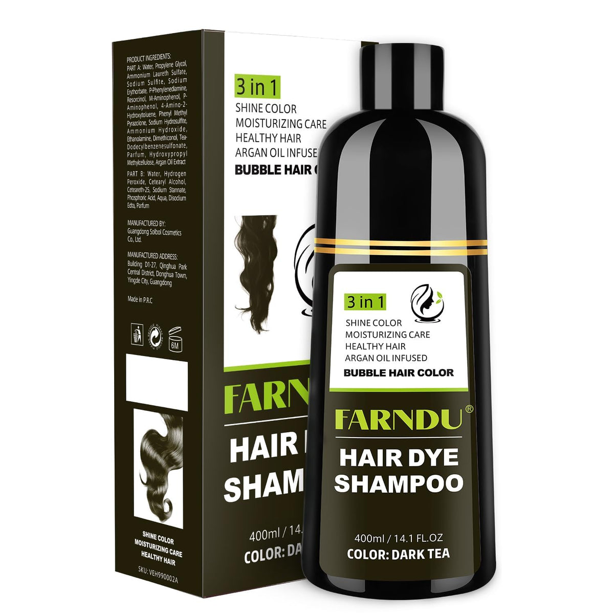 Dark Tea Hair Dye Shampoo for Women & Men, Gray Coverage Herbal Natural Ingredients 3 In 1 Color Shampoo