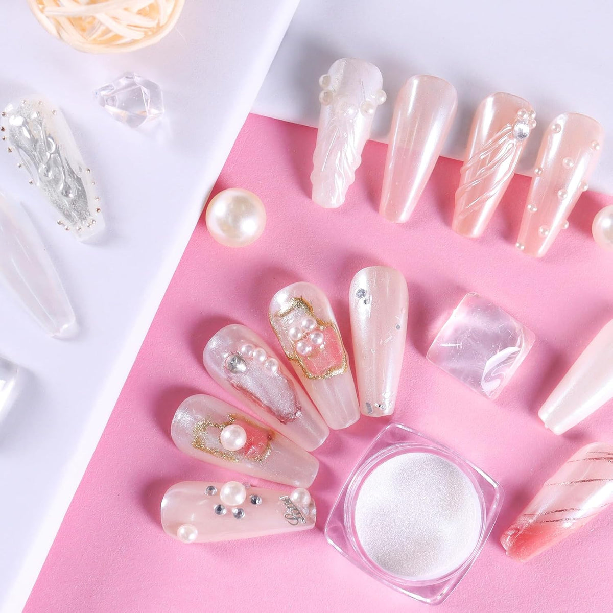 Allstarry White Pearl Chrome Nail Powder, Iridescent Aurora Powder Metallic Mirror Effect Glitter Powder Pearlescent Ice Transparent Mermaid Pigment Pearl Glitter Dust Kit for Nail Art Decoration