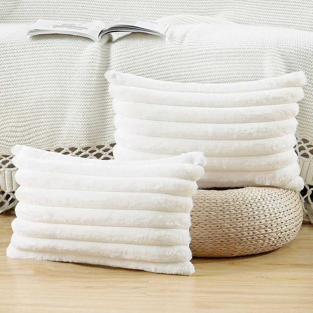 MADIZZ Set of 2 Faux Wool Plush Decorative Throw Pillow Covers 12x20 Inch Cream Fluffy Striped Soft Decorative Cushion Cover for Sofa Bedroom Pillow Shell