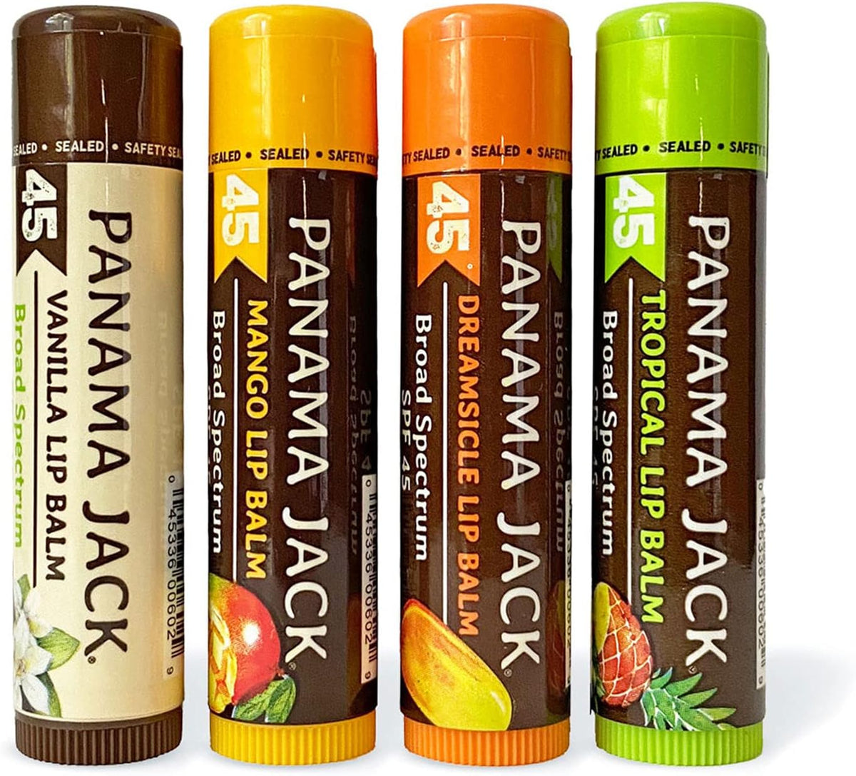 Panama Jack Sunscreen Lip Balm - SPF 45, Flavor Pack, Broad Spectrum UVA-UVB Sunscreen Protection, Prevents & Soothes Dry, Chapped Lips (Dreamsicle/Vanilla/Tropical/Mango)