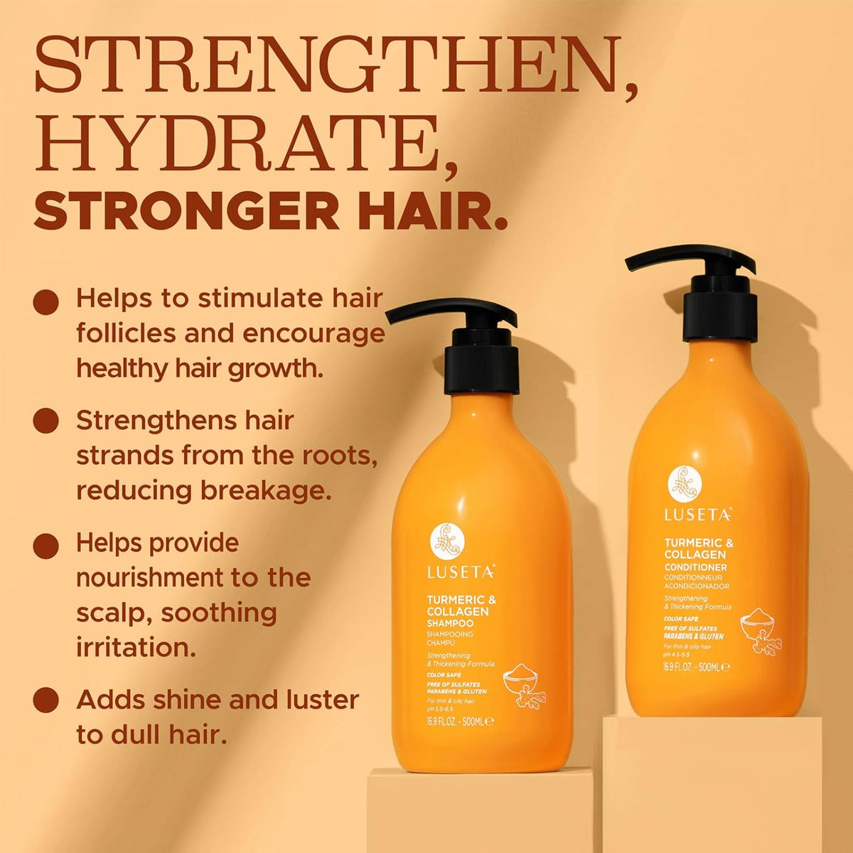 Luseta Shampoo and Conditioner Set for Hair with Turmeric & Collagen, Hair Thickening Volumizing Shampoo for Thin or Oil Hair, Sulfate and Parabens Free 2x16.9Oz