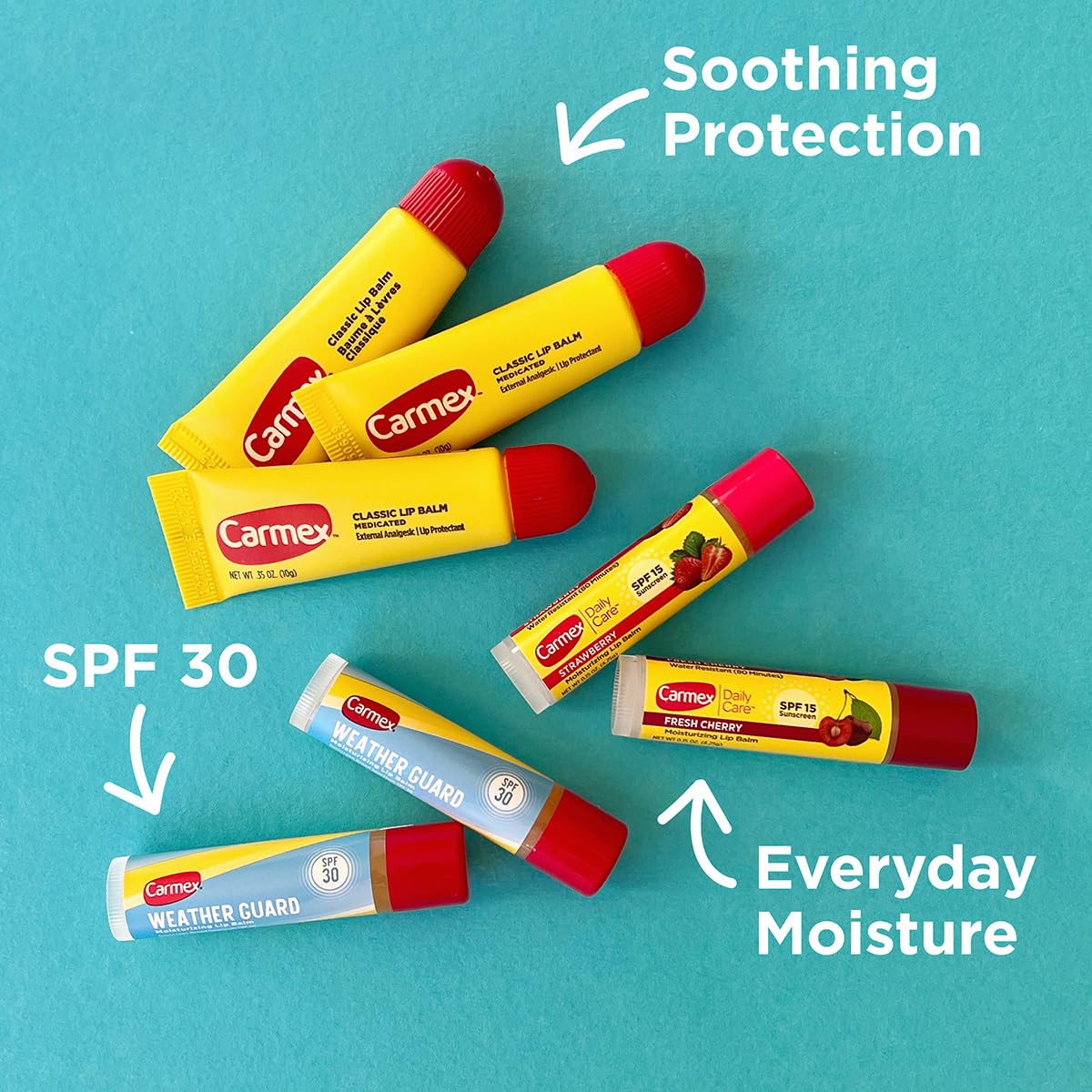 Carmex Classic, Weather Guard, and Daily Care Moisturizing Lip Balm Pack, 7-Count Lip Care Variety Pack Bag (3 Tubes, 4 Sticks)