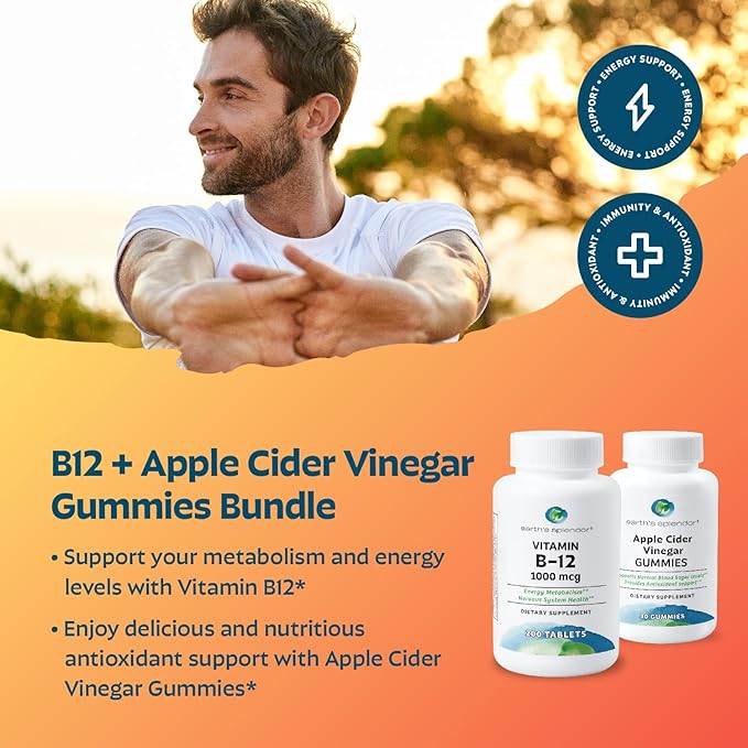 Earth's Splendor Energy & Wellness: Vitamin B12 Tablets for Metabolism Support + Apple Cider Vinegar Gummies for Energy