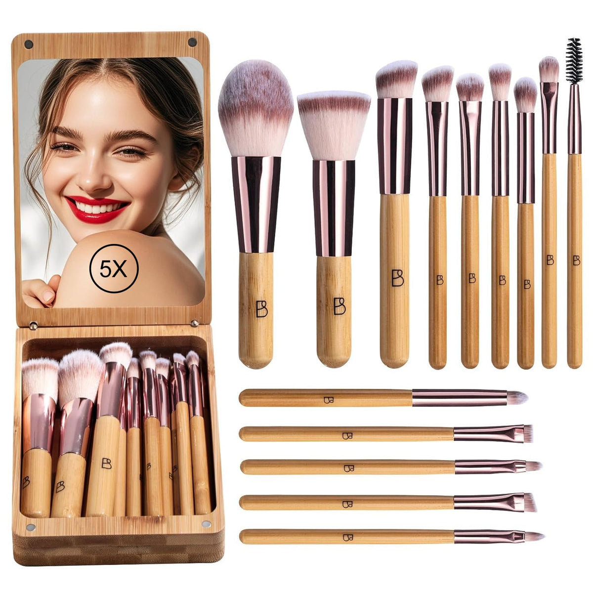 BS-MALL Travel Makeup Brush Set Kabuki Brushes Bamboo- Includes Eyeshadow Blush Brush & Foundation Brush For Liquid Makeup - 5X Magnifier Bamboo Mirror Case For Travel or On the Car Daily Use