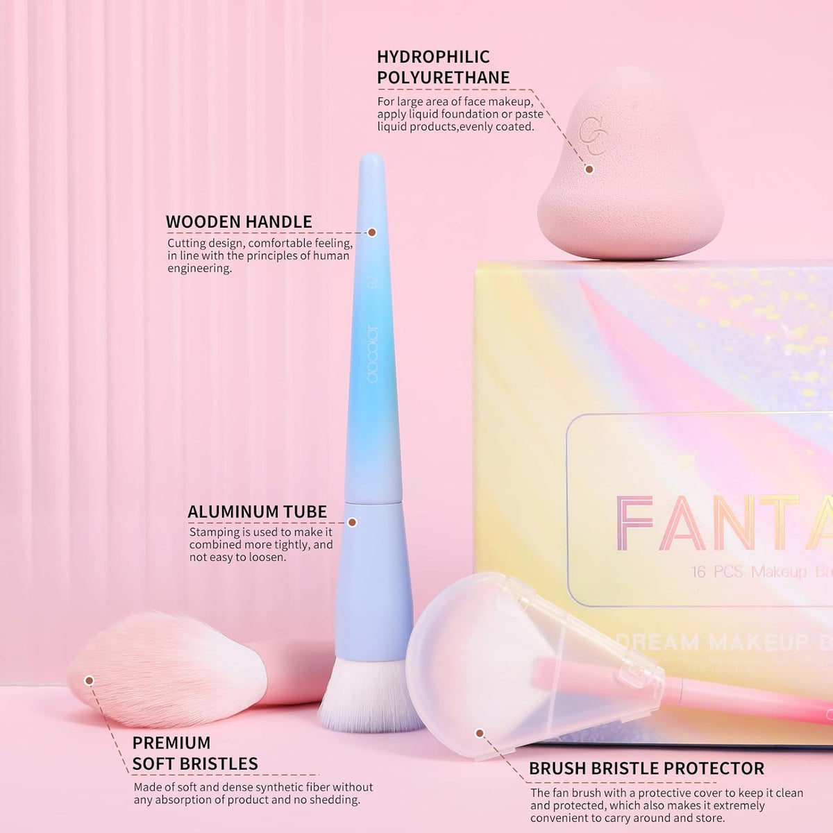 Docolor Makeup Brushes 16Pcs Makeup Brush Set with Makeup Bag Makeup Sponge & Brush Cleaning Pad Professional Face Powder Kabuki Foundation EyeShadow Concealers Brush Kit Gift Box Fantasy Series Ⅲ