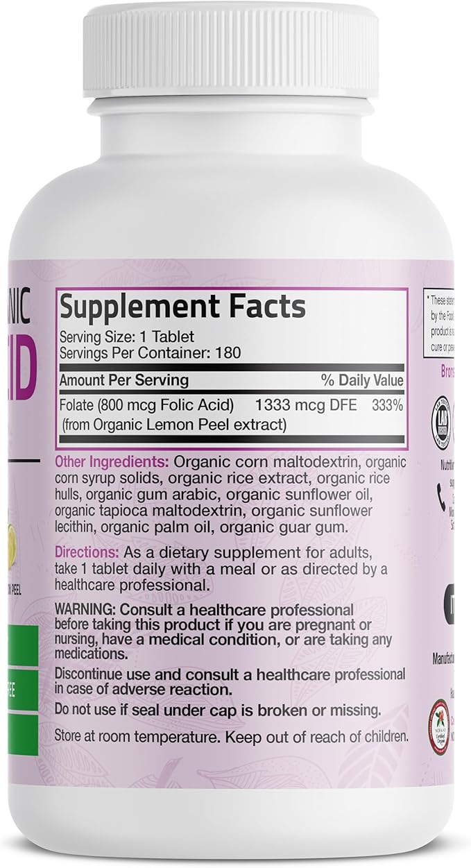 Bronson Organic Folic Acid (Vitamin B9 Folate) 800 mcg Natural Folate from Lemon Peel, 180 Tablets