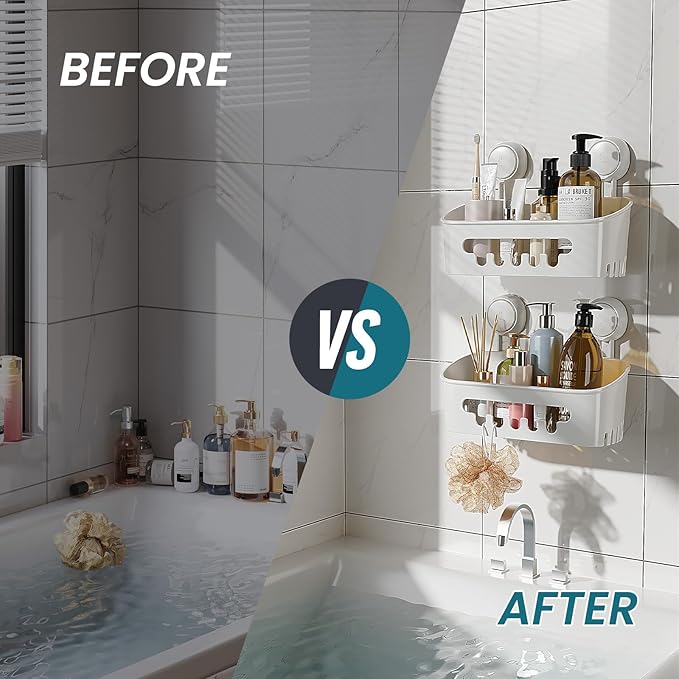 TAILI Shower Caddy Suction Cup 2 Pack, Heavy Duty Bathroom Organizer, Removable Shelves for Inside Shower, Shampoo, Waterproof Suction Plastic Storage for Bathroom Accessories Holder, White