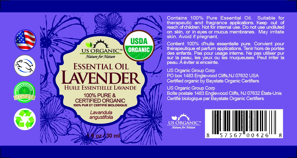 US Organic 100% Pure Lavender Essential Oil, Directly sourced from Bulgaria, USDA Certified Organic, Undiluted, for Diffuser, Humidifier, Massage, Skin, Hair Care, Non GMO, 30 ml
