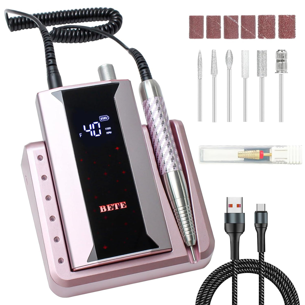 BETE Professional Nail Drill Machine, 0-40000RPM Brushless Durable Electric Nail File for Acrylic Gel Nails, Rechargeable Nail Drill with Charging Base with 6pcs Drill Bits for Salon Home, Pink