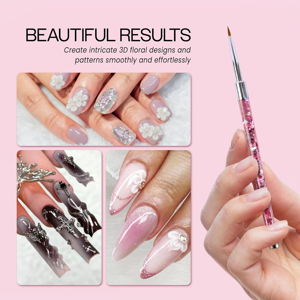 PANA 3D Kolinsky Nail Art Brush - Pink Glitter Handle, Size 2 - Acrylic Nail Art Sculpture Brush for Manicures Pedicure Salon Professional or Beginner