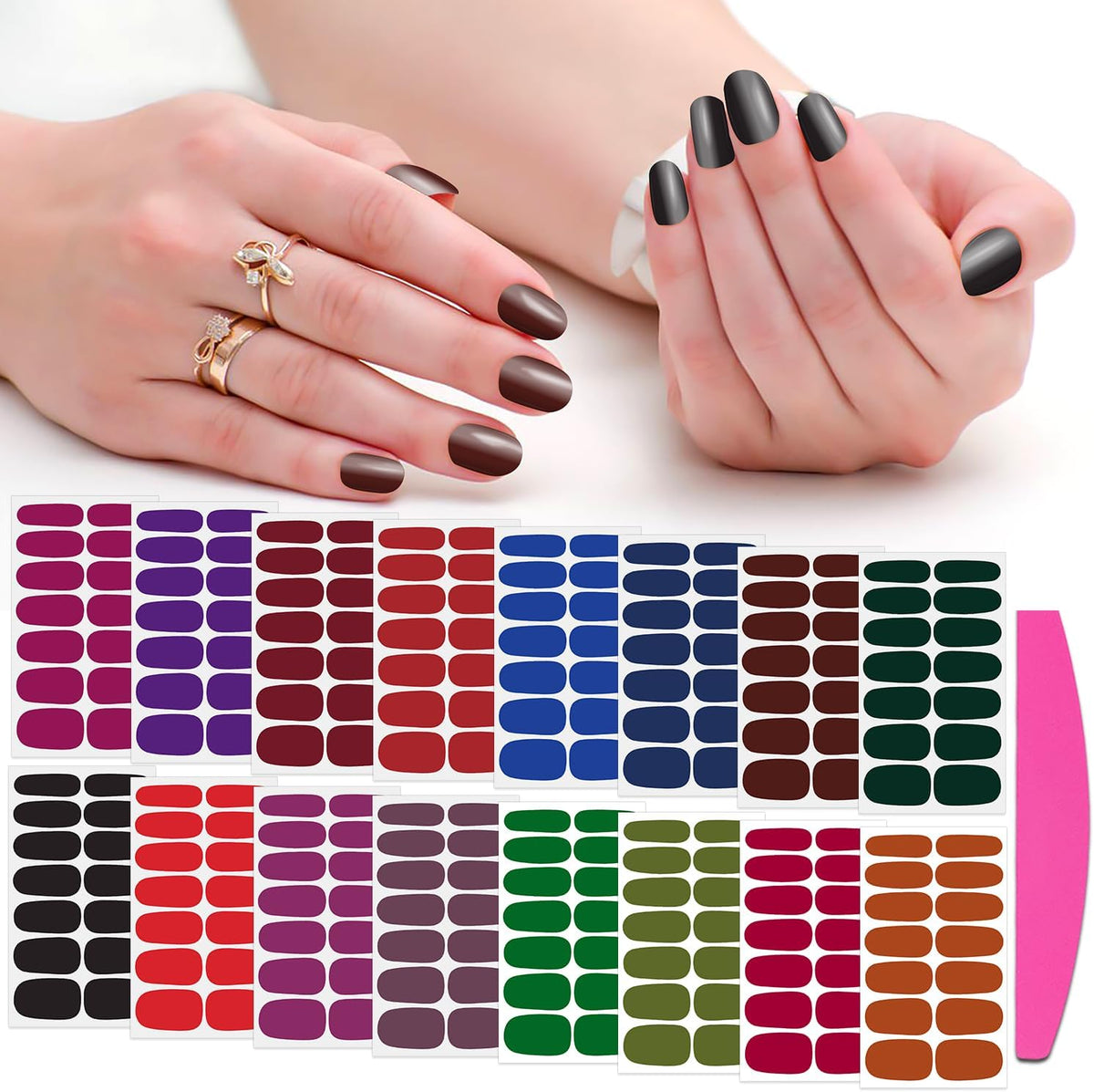 SILPECWEE Nail Polish Strips, 16 Sheets Dark Nail Polish Stickers Full Nail Wraps Self Adhesive Nail Stickers Gel Nail Strips Fingernail Nail Art Sticker Nails for Women with Nail File