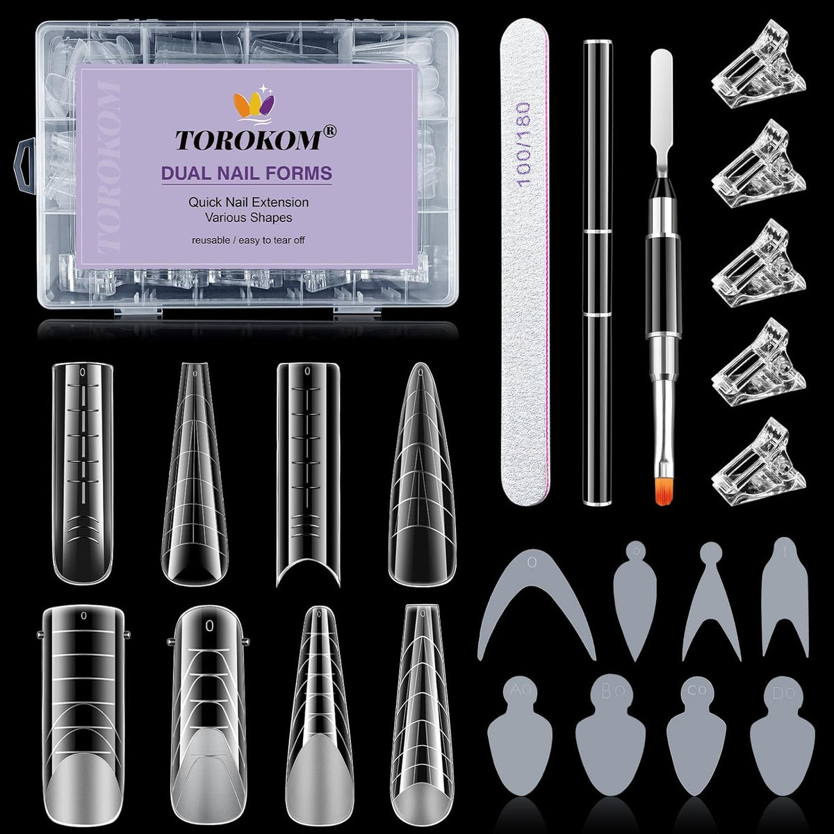 TOROKOM Dual Form Kit, 192PCS Poly Gel Forms for French Nails, 96PCS Reusable Silicone Pads, 5PCS Clips, Brush Pen, Files Buffer, Extension Kit for Beginner